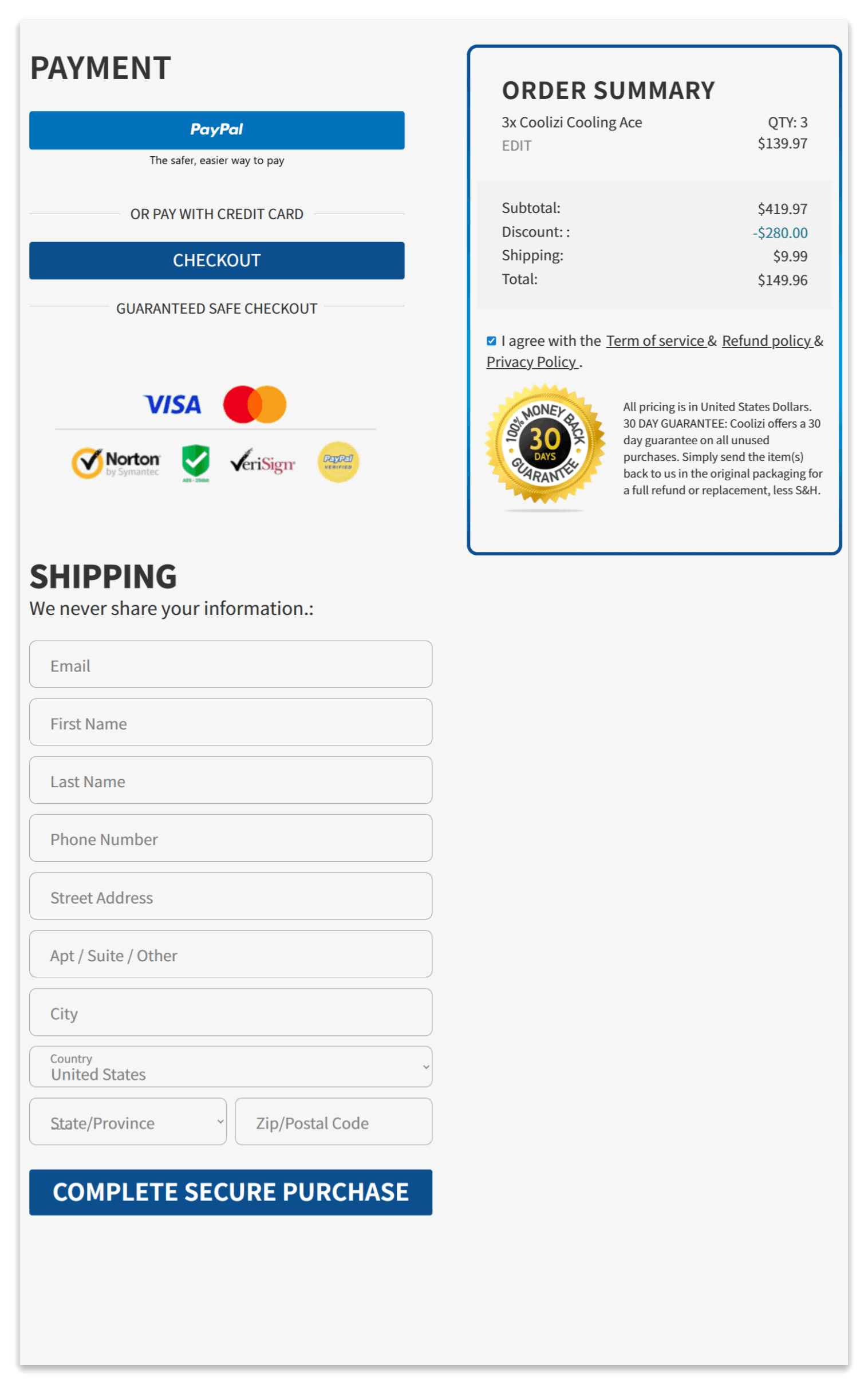 Coolizi Cooling Ace secure checkout page